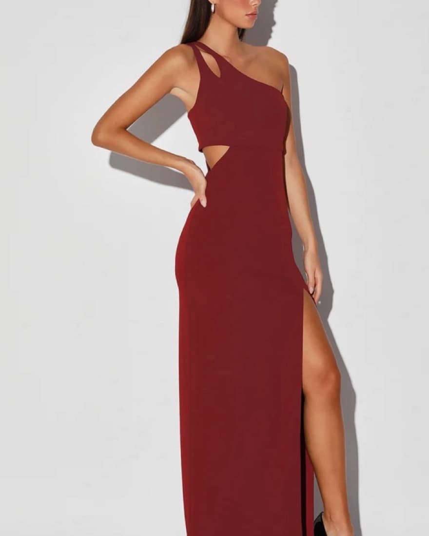 Burgundy One-Shoulder Cutout Dress - Image 1