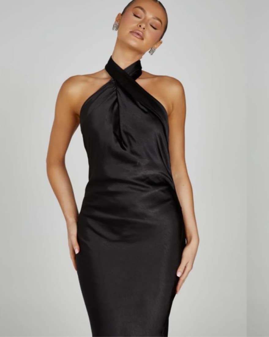 Meshki Black Satin Halter Formal Dress - Image 6