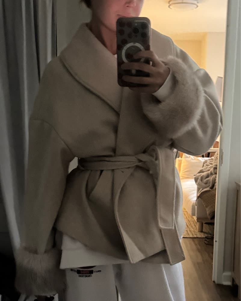 Soft Beige Faux Fur Trim Belted Wrap Coat - Image 2