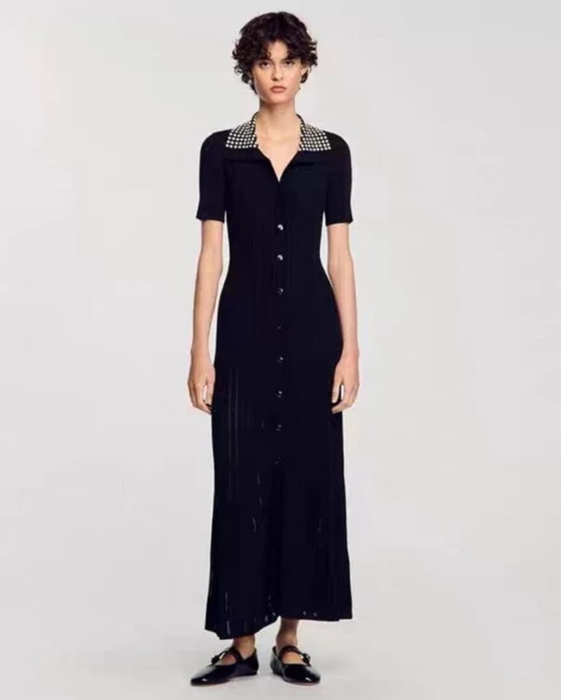 Sandro Pearl Collar Knit Midi Dress - Image 1