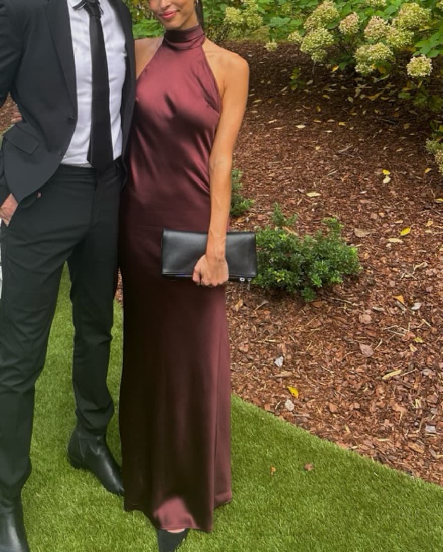 Long Maroon Dress Open Back High Neck  - Image 1