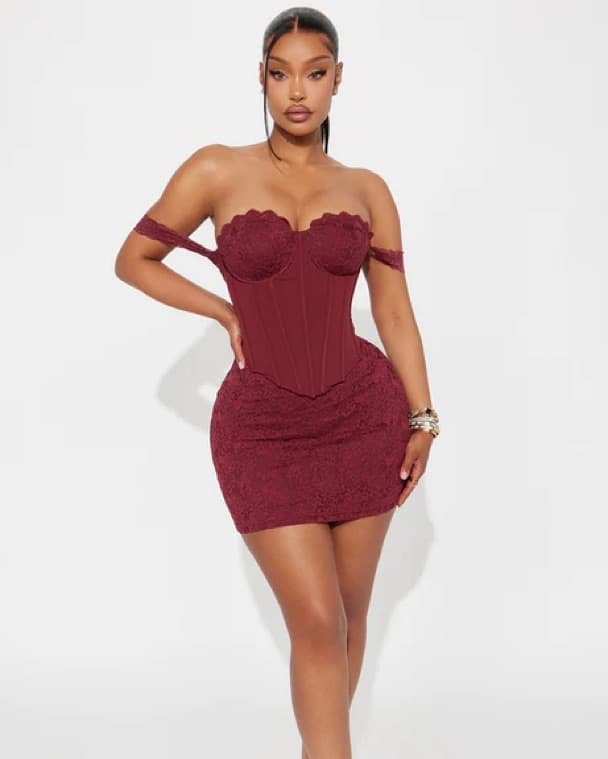 Burgundy Lace Mini Dress - Image 1
