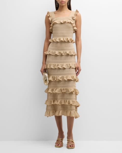 Zimmermann Gold Ruffle Midi Dress - Image 1