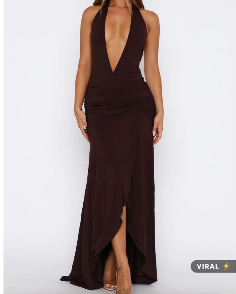 Plunge Brown Maxi Dress - Image 2