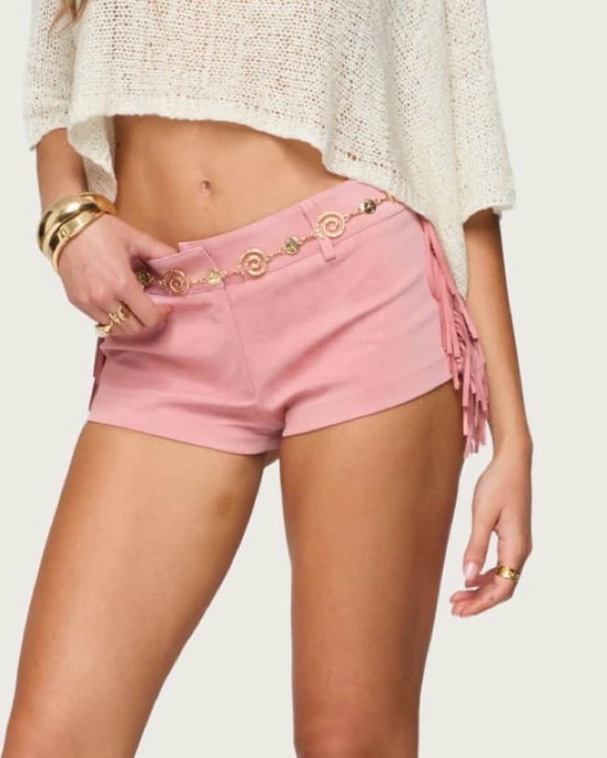 Pink Suede Fringe Mini Shorts - Image 1