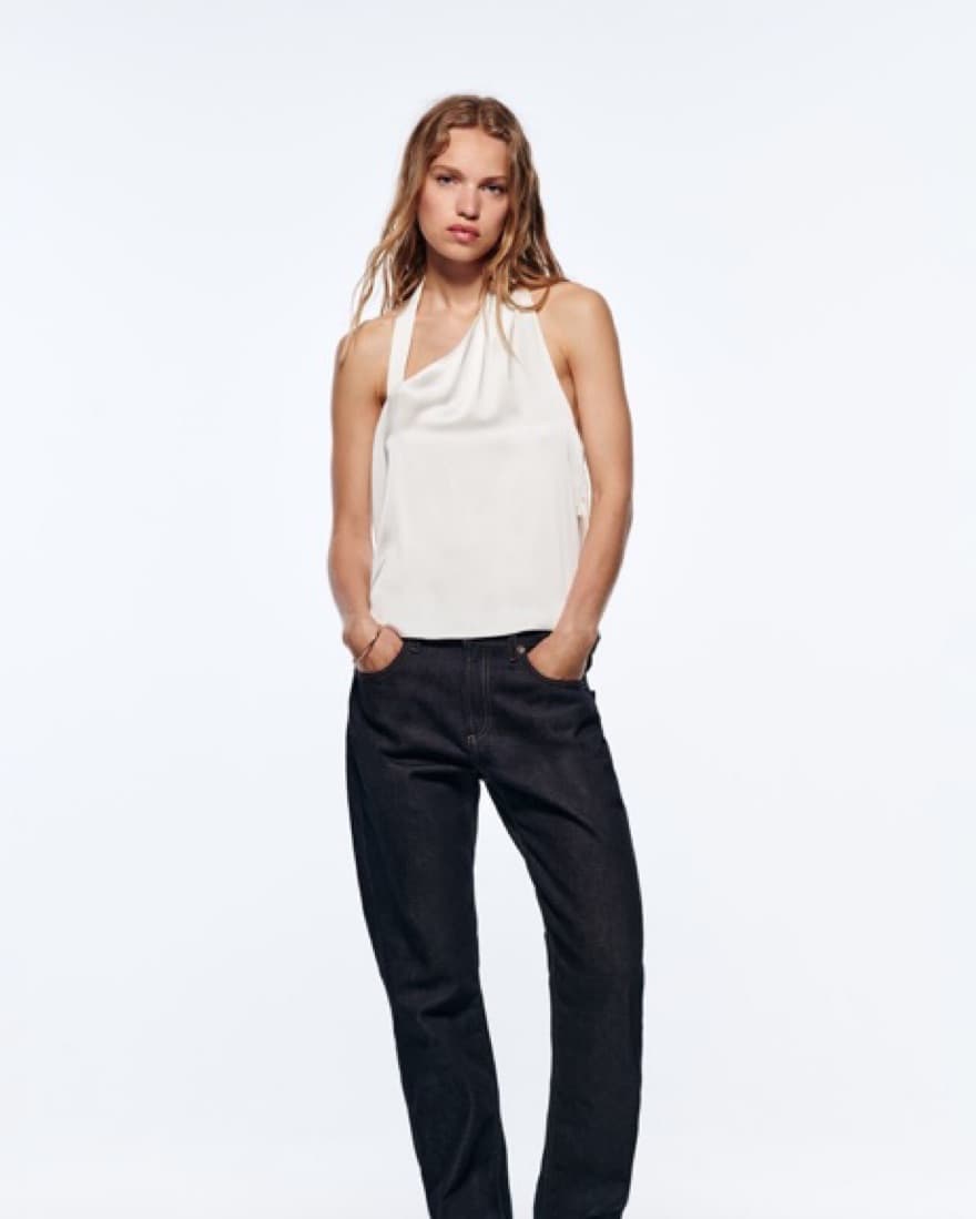 Asymmetric Satin Effect Halter Top - Image 1