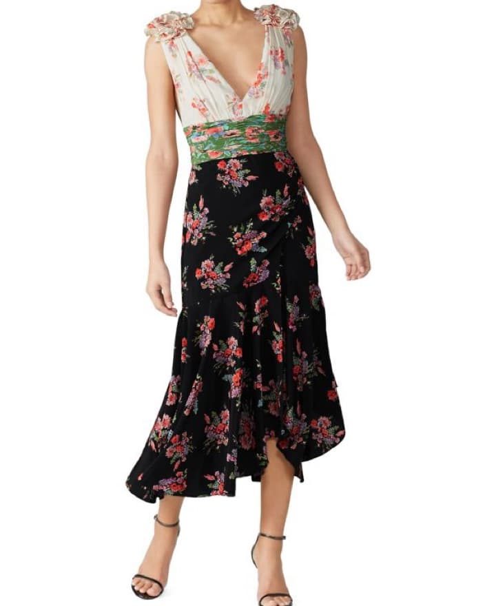 AMUR Floral V Neck Silk Midi Dress - Image 1