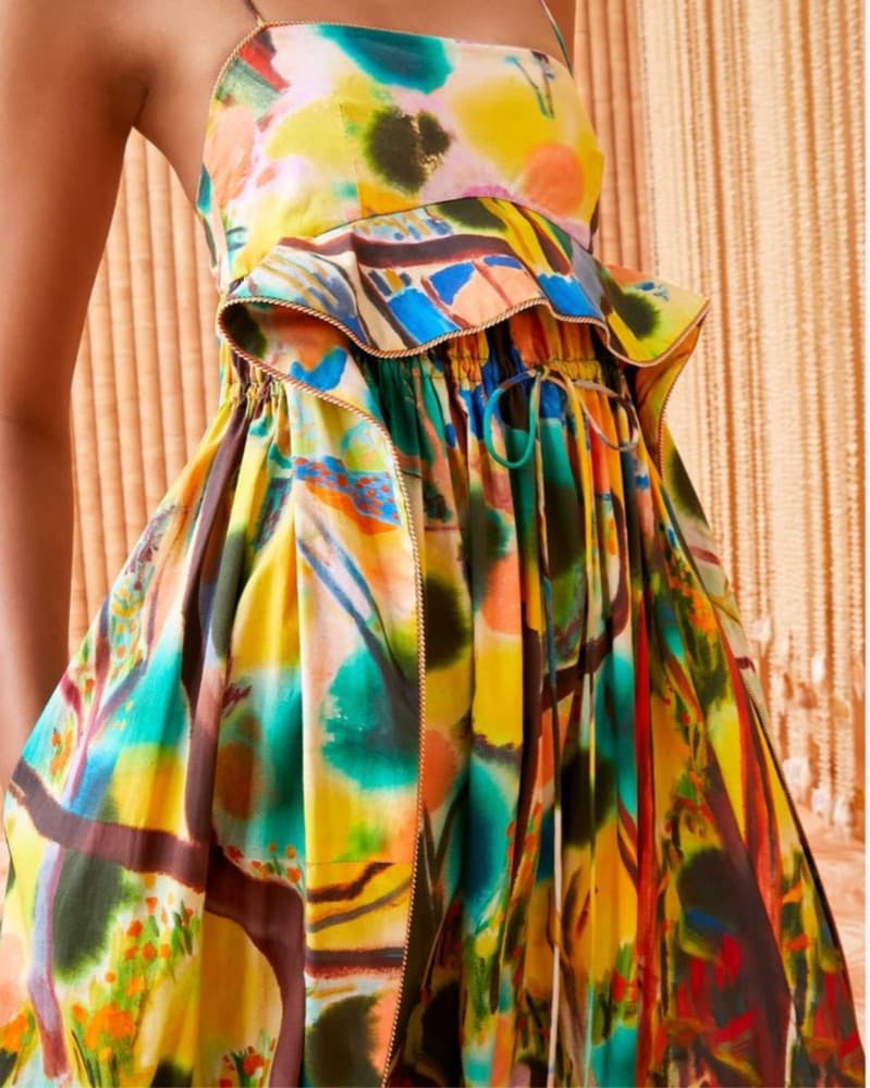 Vibrant Floral Midi Dress with Asymmetric Ruffles - Image 3