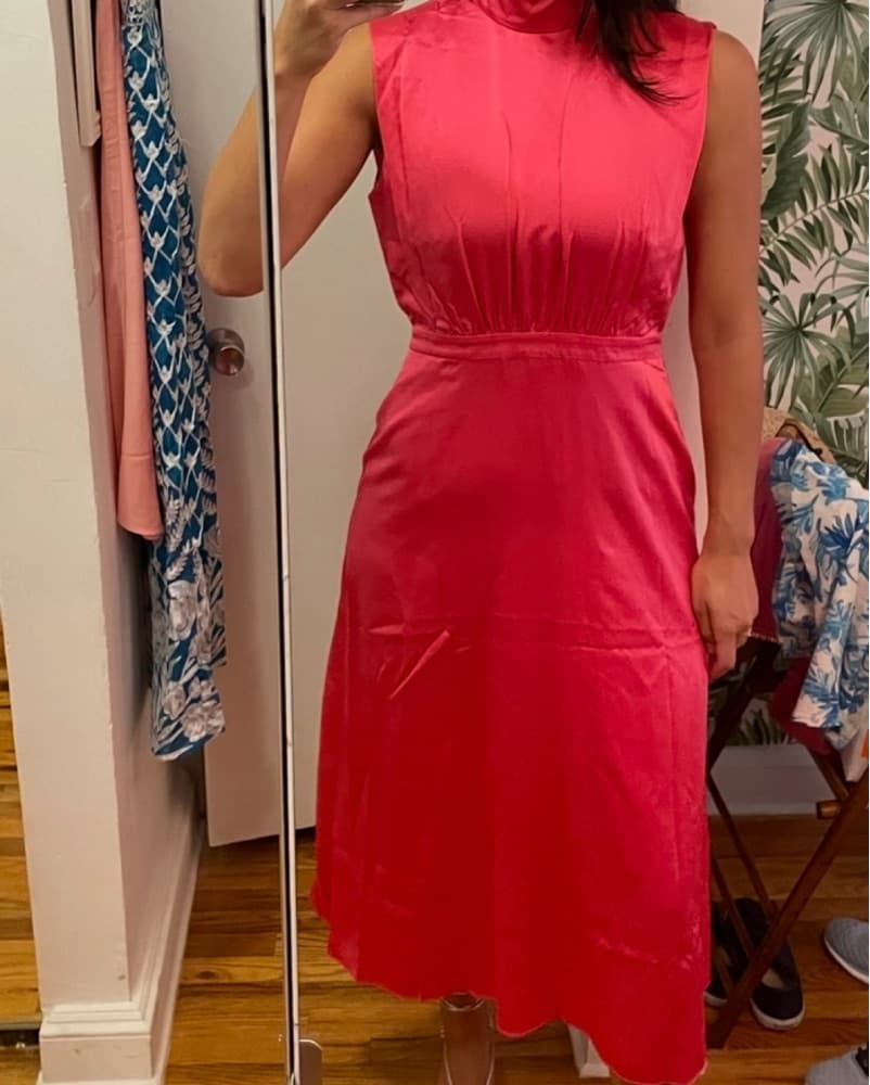 Retro Pink High Neck Silk Midi Dress - Image 5