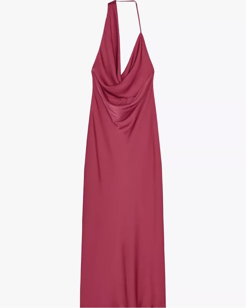 Asymmetrical Burgendy Satin Midi Dress - Image 1