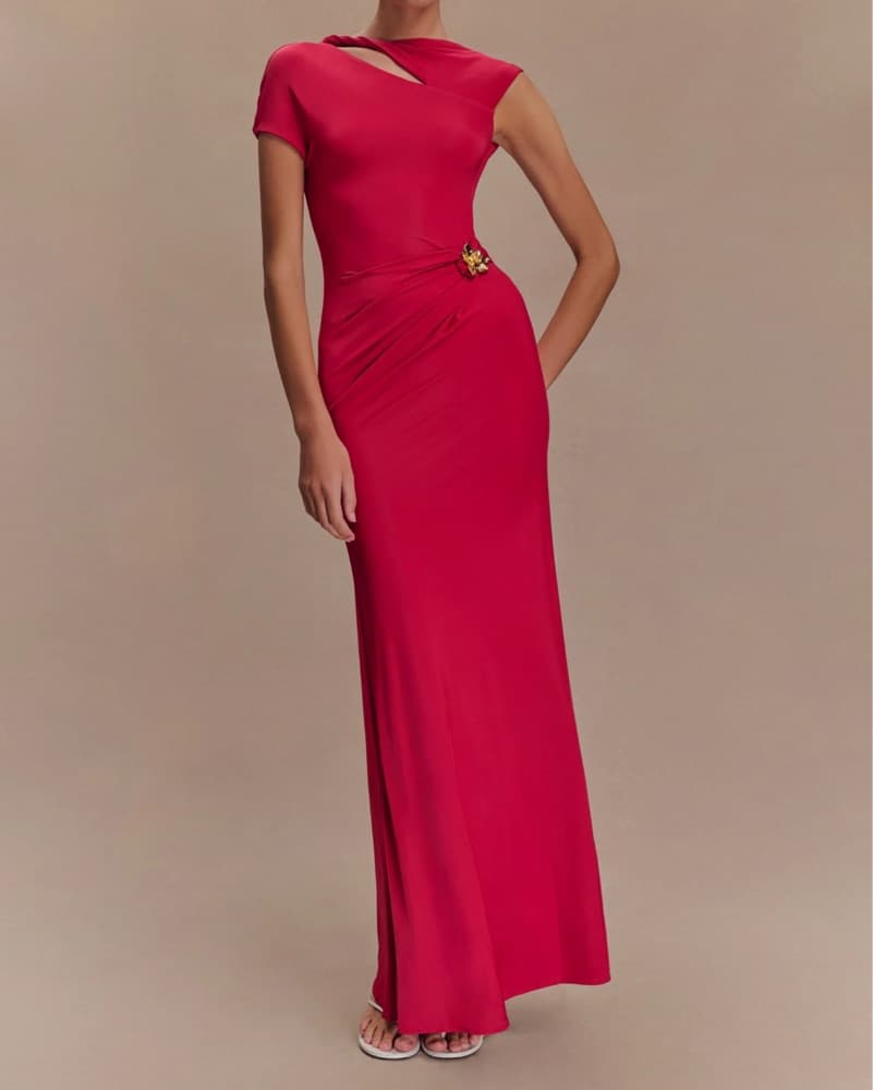 Meshki Fuschia Open Back Gold Flower Dress - Image 1