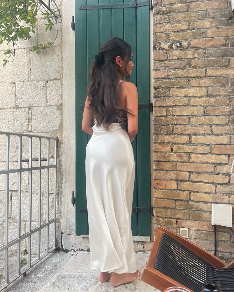 White Midi Silk Dress With Black Lace - Image 3