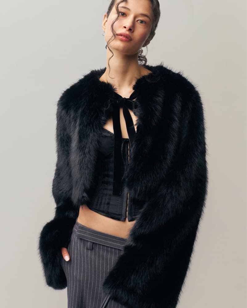 GUIZIO Black Faux Fur Jacket with Bow - Image 1