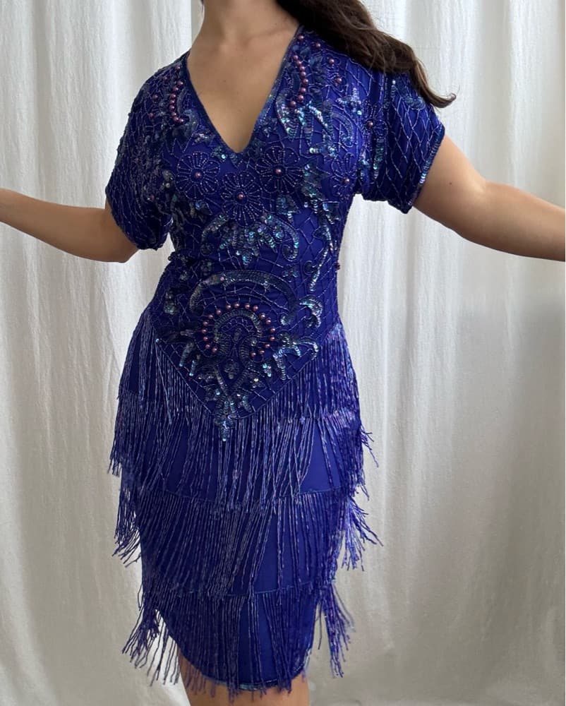Vintage beaded Pure silk blue dress - Image 4