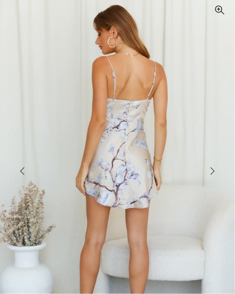 Tan Satin Dress With Blue Flower Detail - Image 2