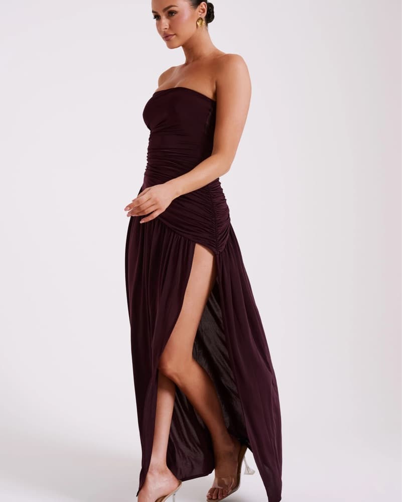 Meshki Slinky Ruched Slit Burgundy Gown  - Image 2
