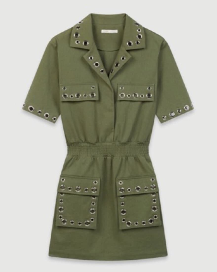 Maje Ramil Khaki Safari Dress w/Eyelets - Image 2