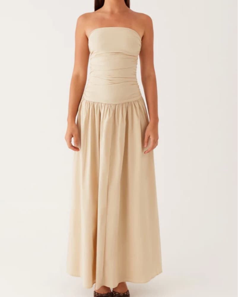 Tan Linen Strapless Maxi Dress - Image 3