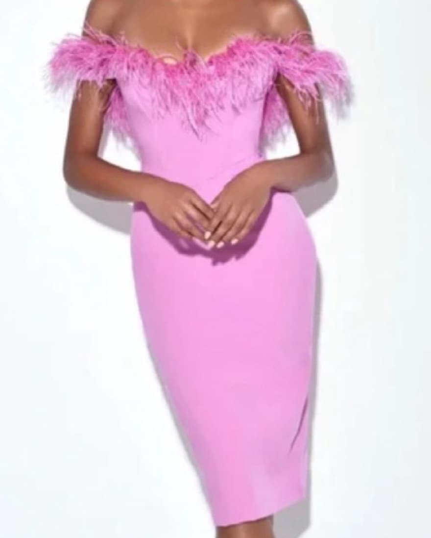 Feather-Trimmed Pink Cocktail Dress - Image 1