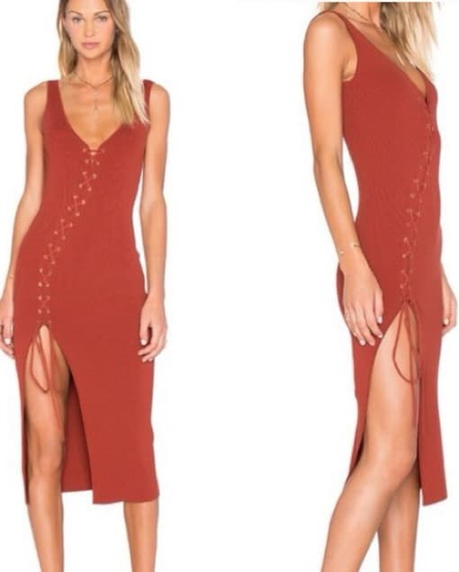 V-Neck Midi Slit Dress With Stitching - Image 4