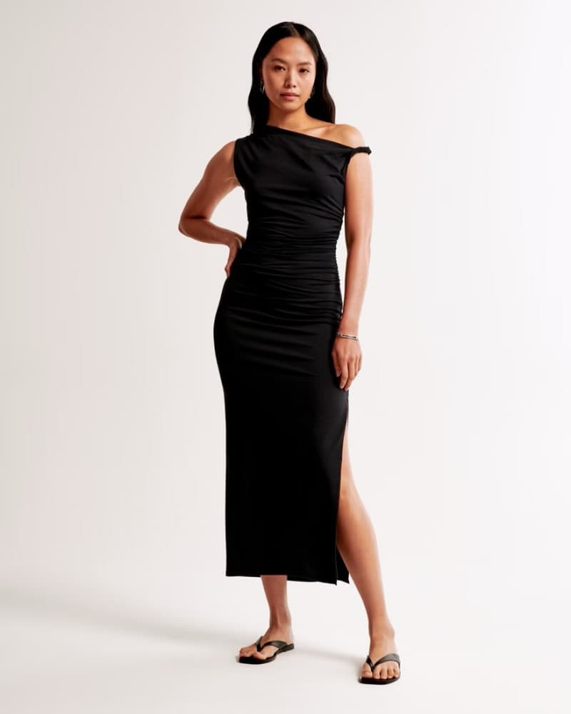 Asymmetric One-Shoulder Black Midi Dress - Image 2