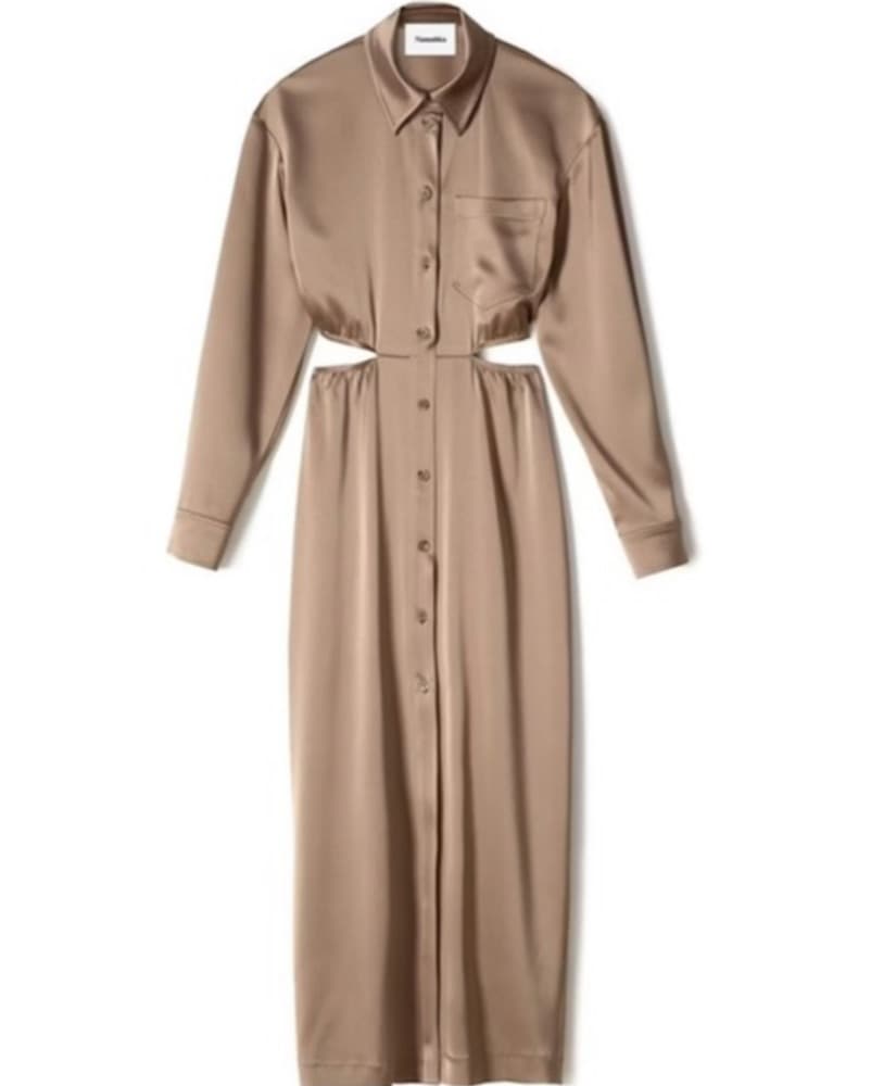 Nude Satin Cutout Midi Shirt Dress - Image 1