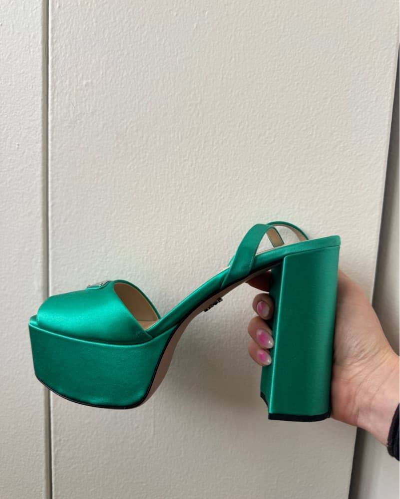 Prada Satin Logo Platform Sandal Heels - Image 3
