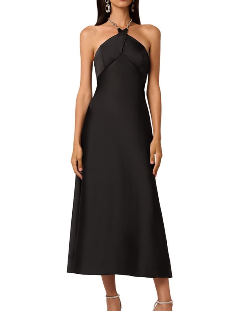 Halter Black Satin Dress With Chain Neck - Image 1