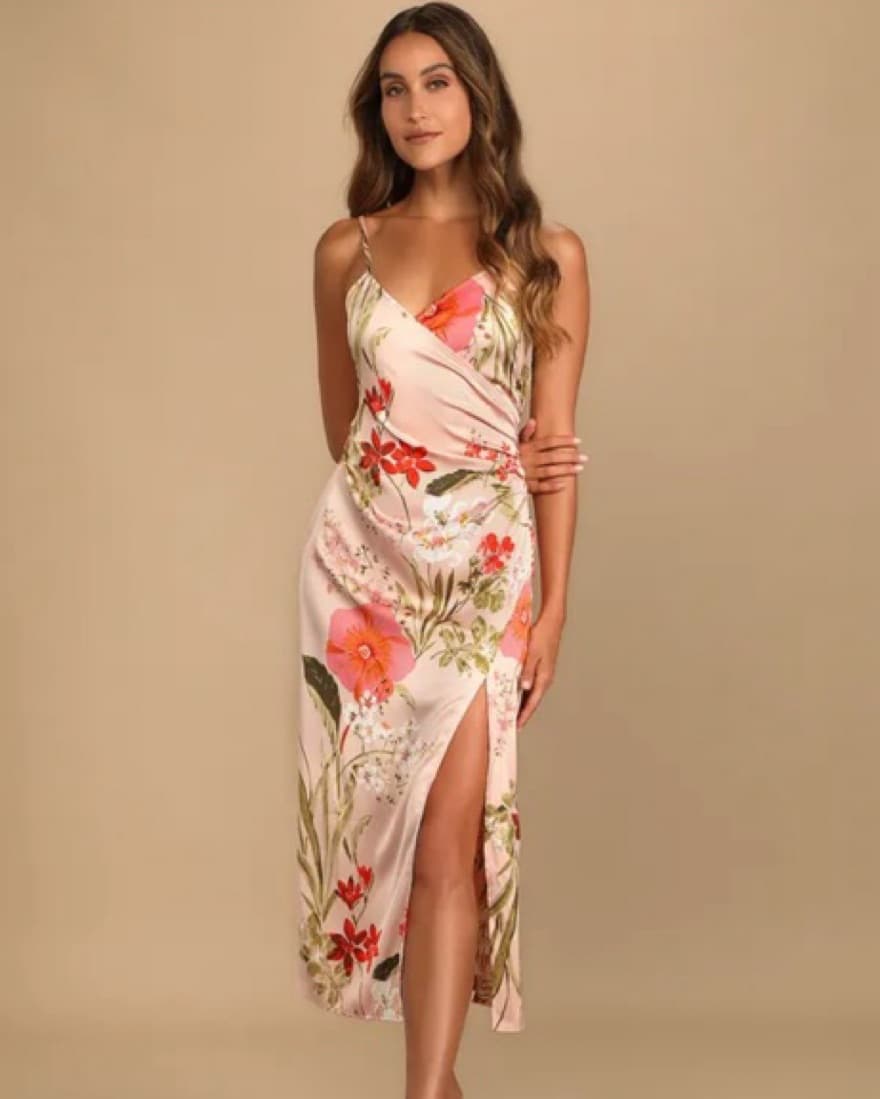 midi floral satin wedding guest dress - Image 1