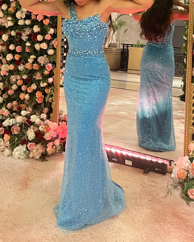 Custom Made Blue Sequin Gown - Image 2