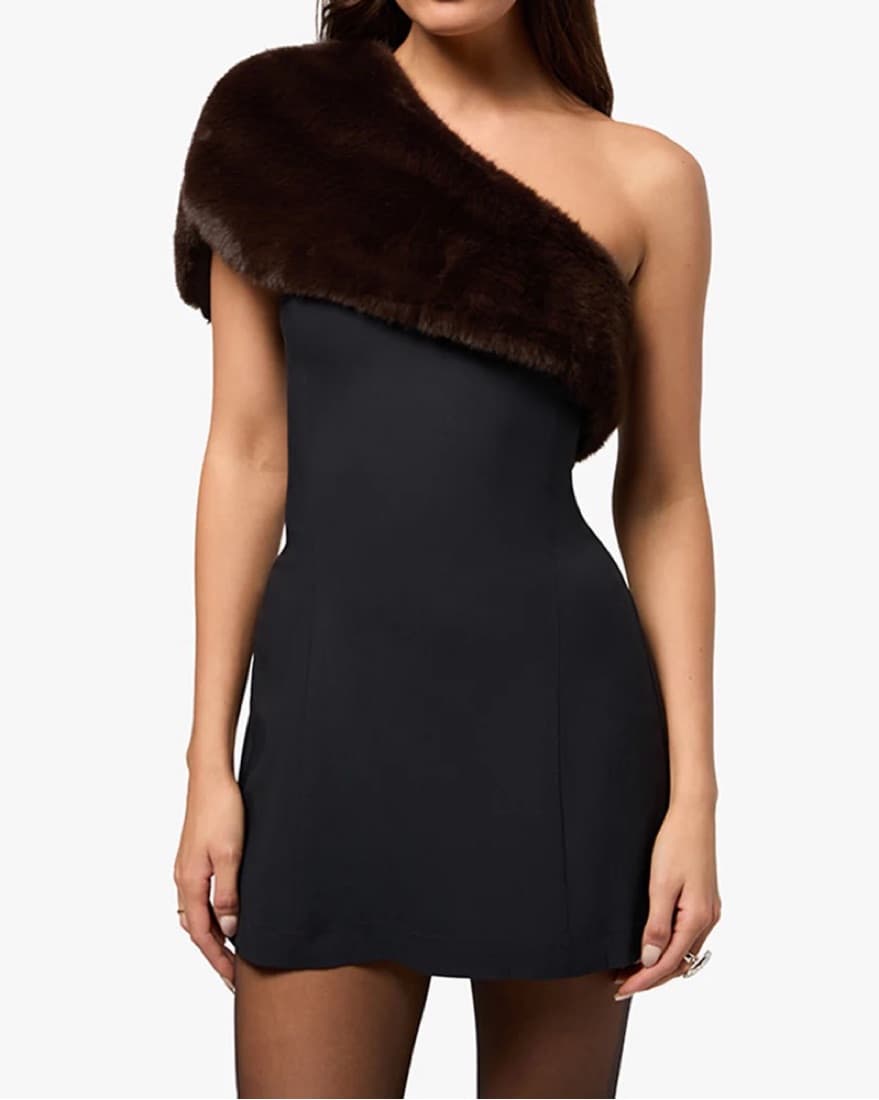 Faux Fur One Shoulder Mini Dress XS - Image 1