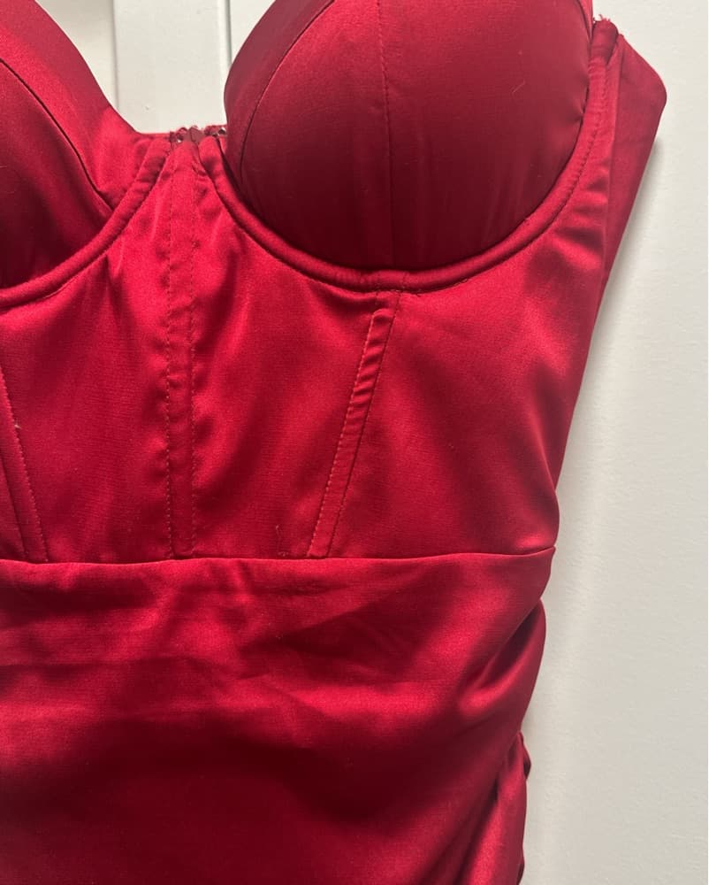 Oh Polly Red Ruched Satin Mini Dress - Image 4
