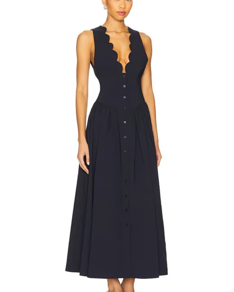Button Front Scallop Dress in Navy - Image 3