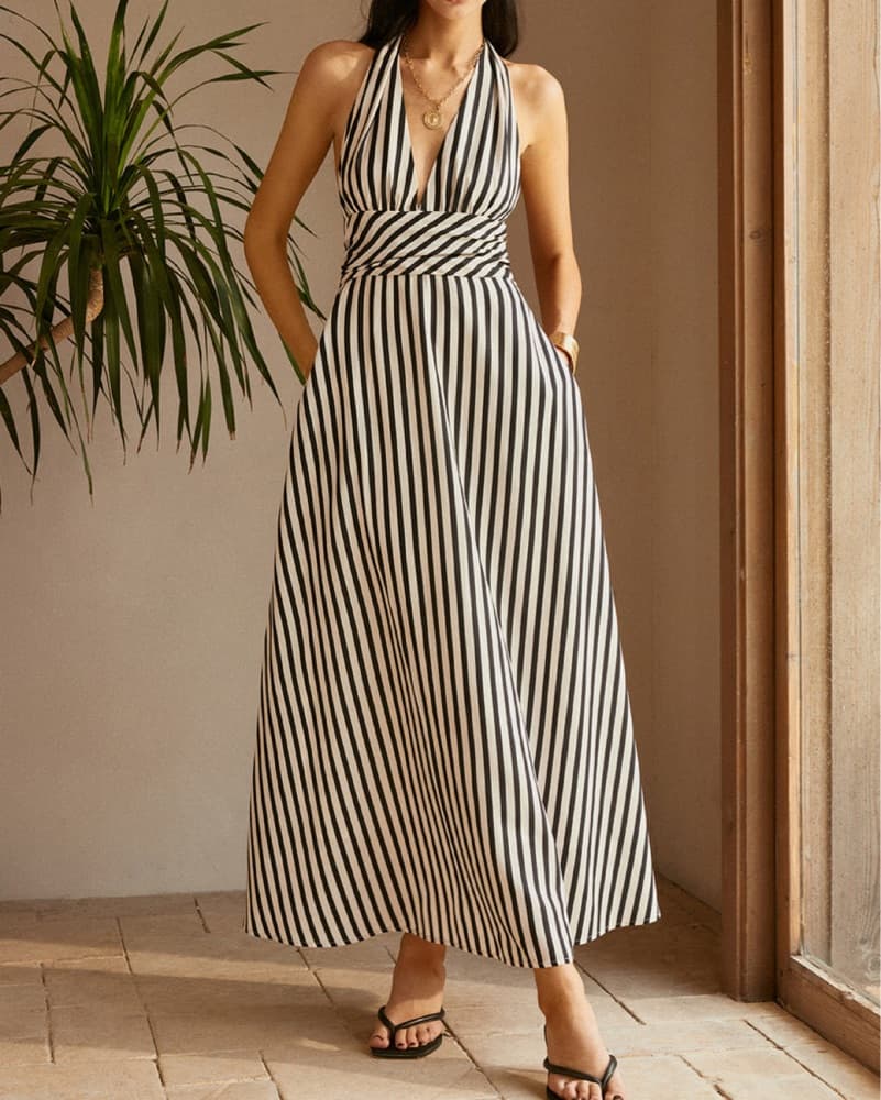 Stripe Backless Pockets Dress - Image 1