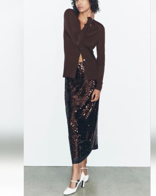 Zara Brown Sequin Midi Skirt - S - Image 1