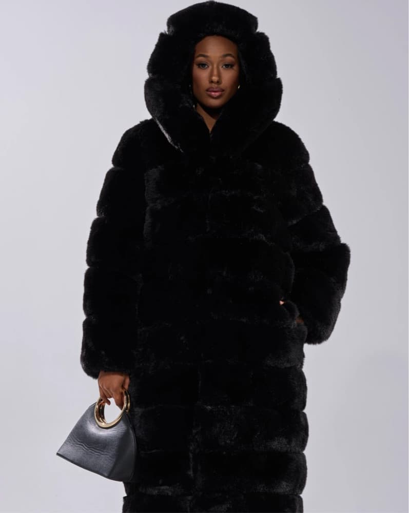 Long Black Fur Coat with Hood (Faux) - Image 2