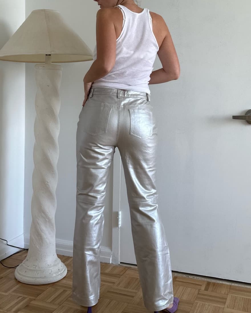 Vintage Silver Chrome Leather Pants Jean - Image 2
