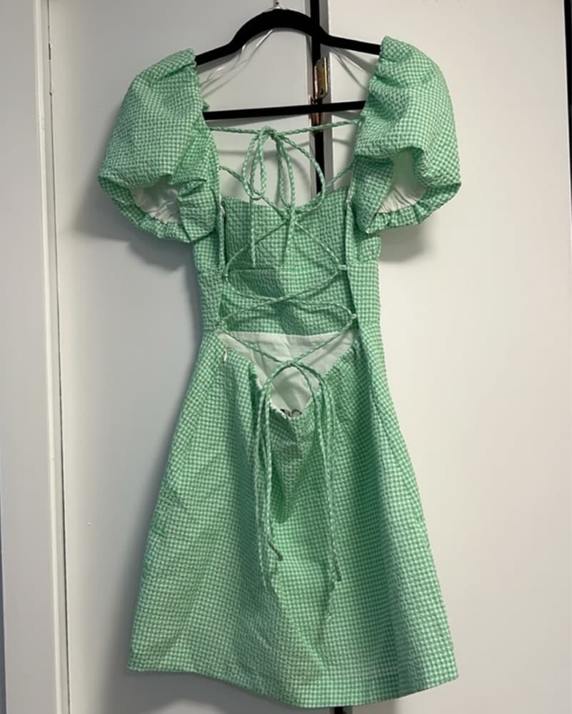 Green Gingham Puff Sleeve Mini Dress - Image 2