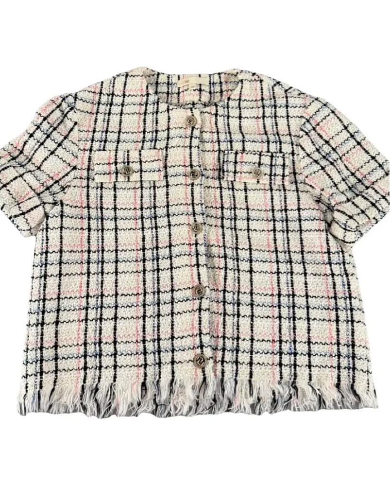 Maje Short Sleeve Button Up Tweed Top - Image 3
