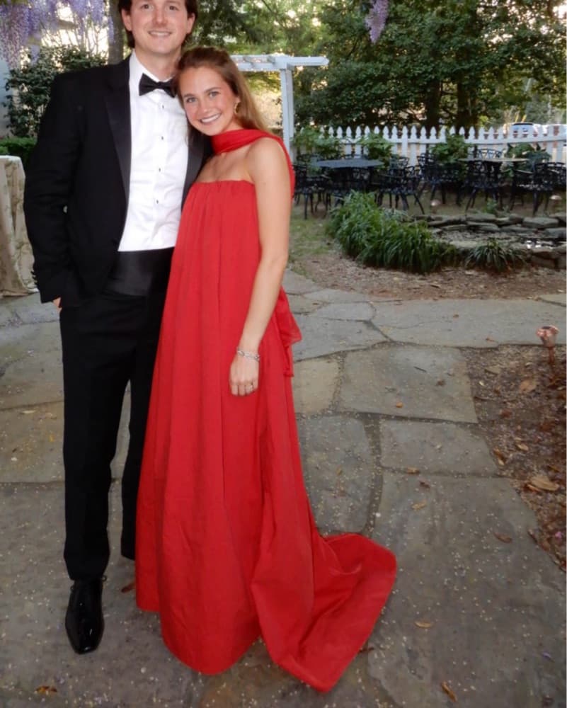 Red Strapless Gown With Neck Scarf - Image 1