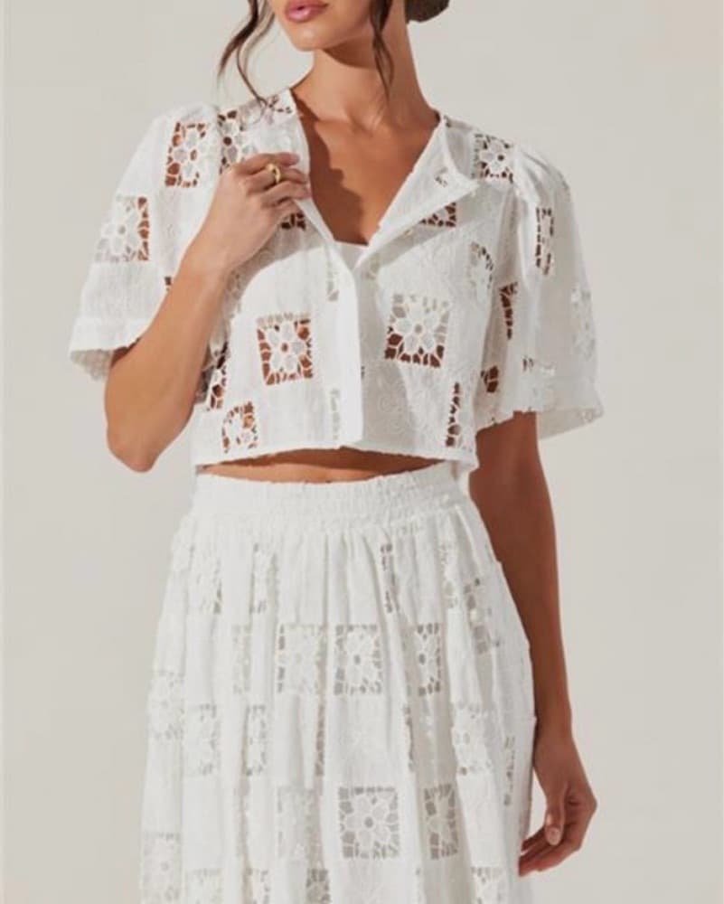 White Eyelet Lace Crop Top and Midi Skirt Set - Image 2