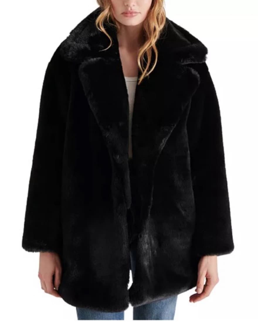 Oversized Sleek Black Faux Fur Coat - Image 1