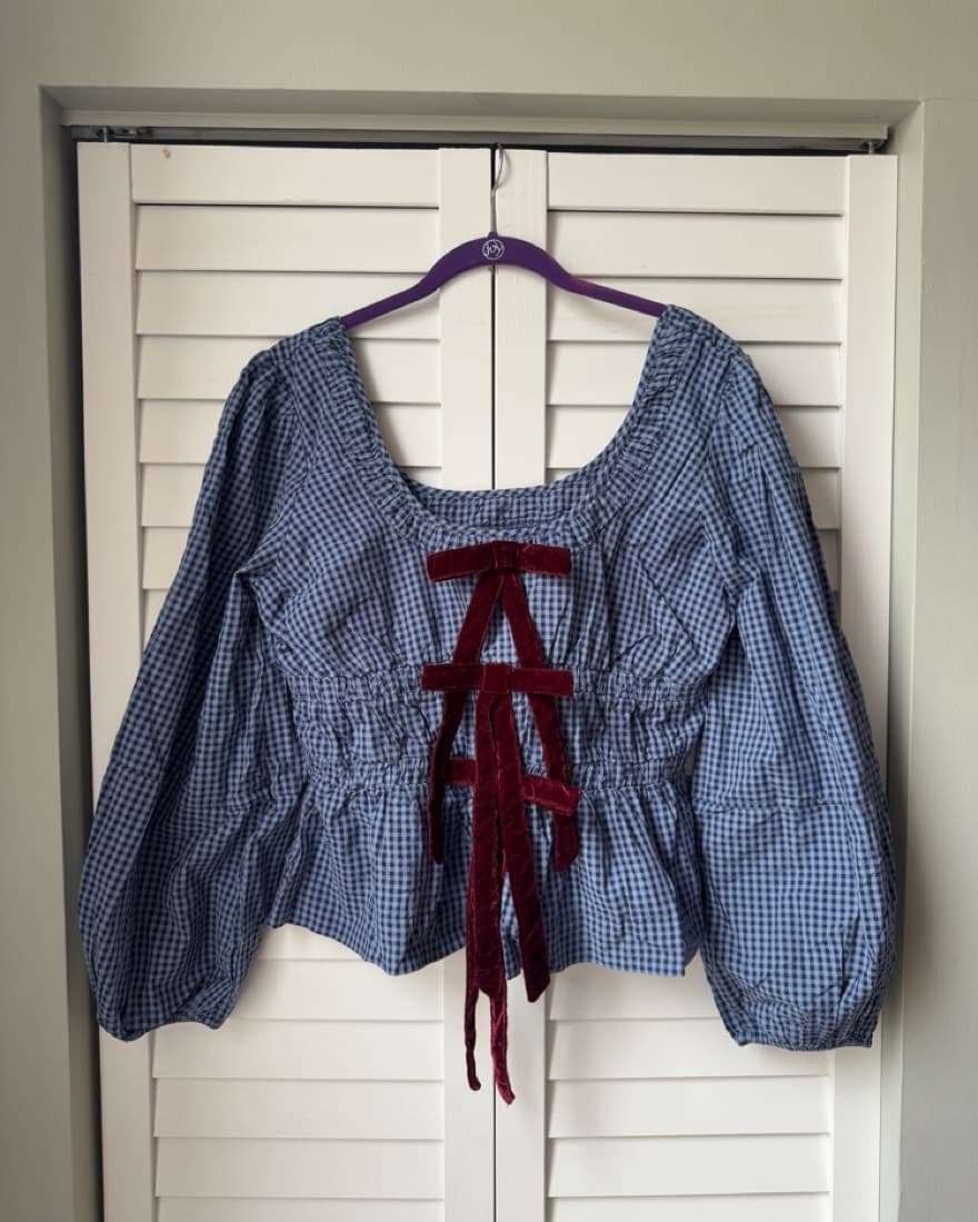 Damson madder Gingham Velvet Bow Top - Image 4