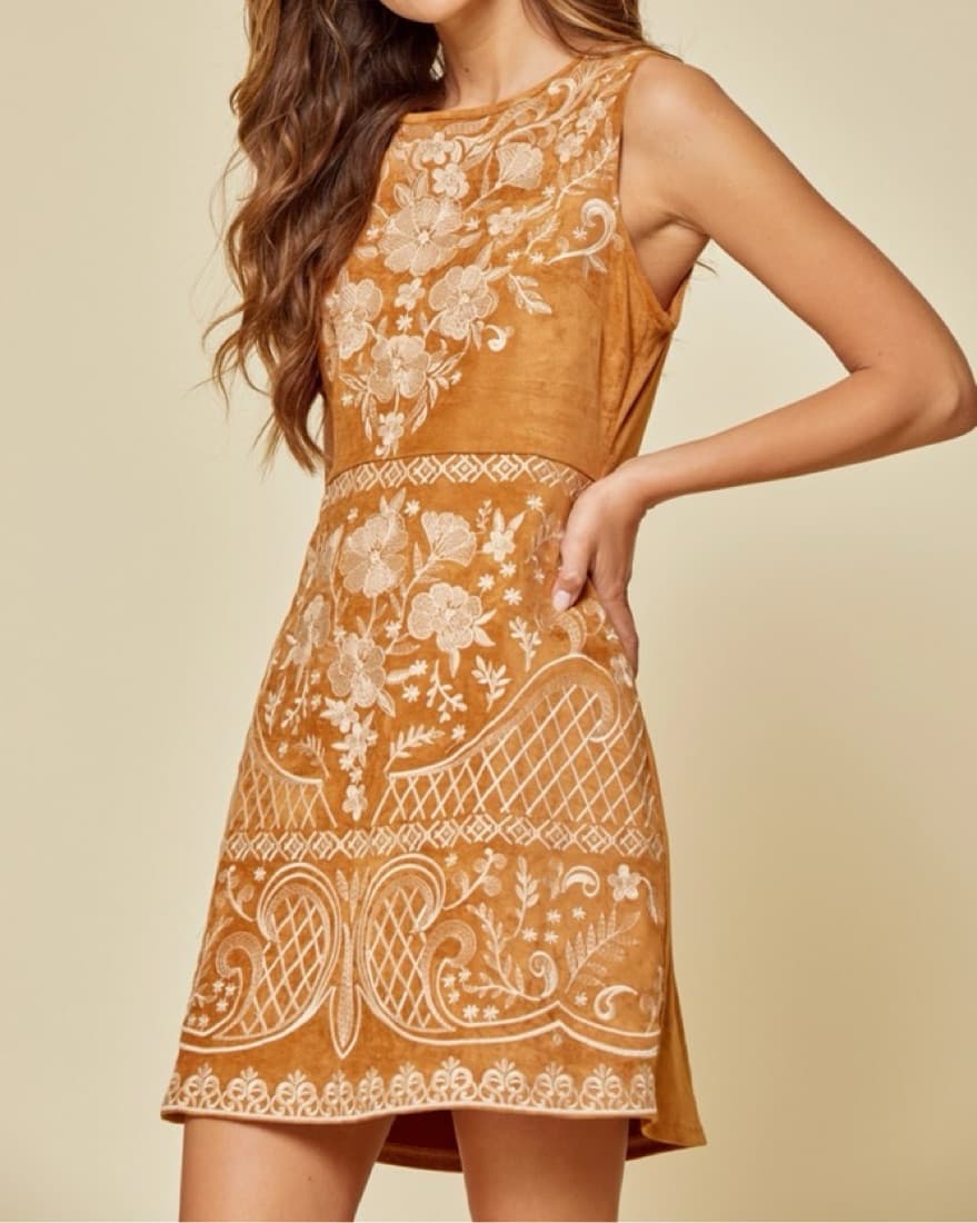 Boho Chic Suede Embroidered Dress - Image 2