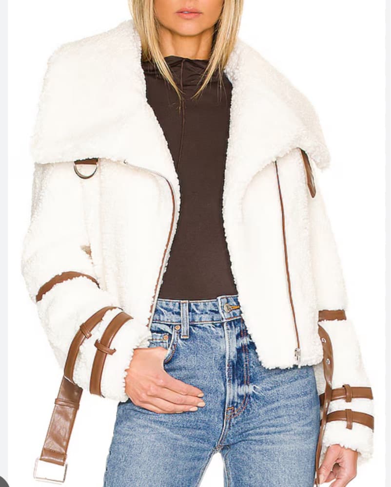 Cream Sherpa Cropped Jacket with Brown Straps - Image 1
