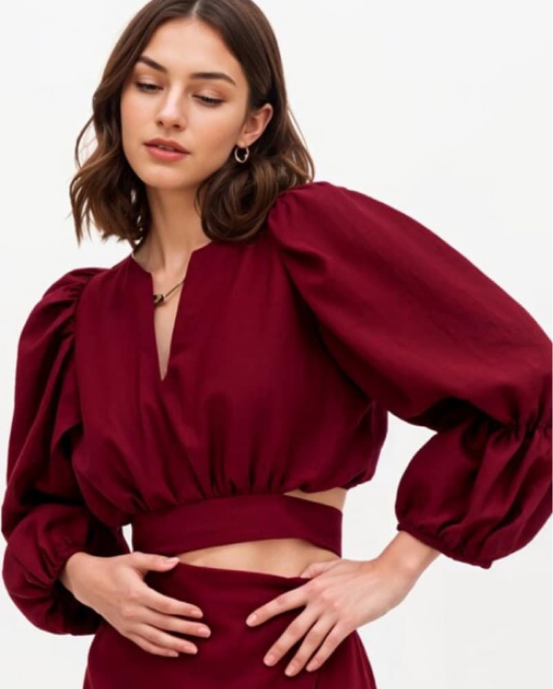 Linen Puffed Sleeve Blouse - Image 1