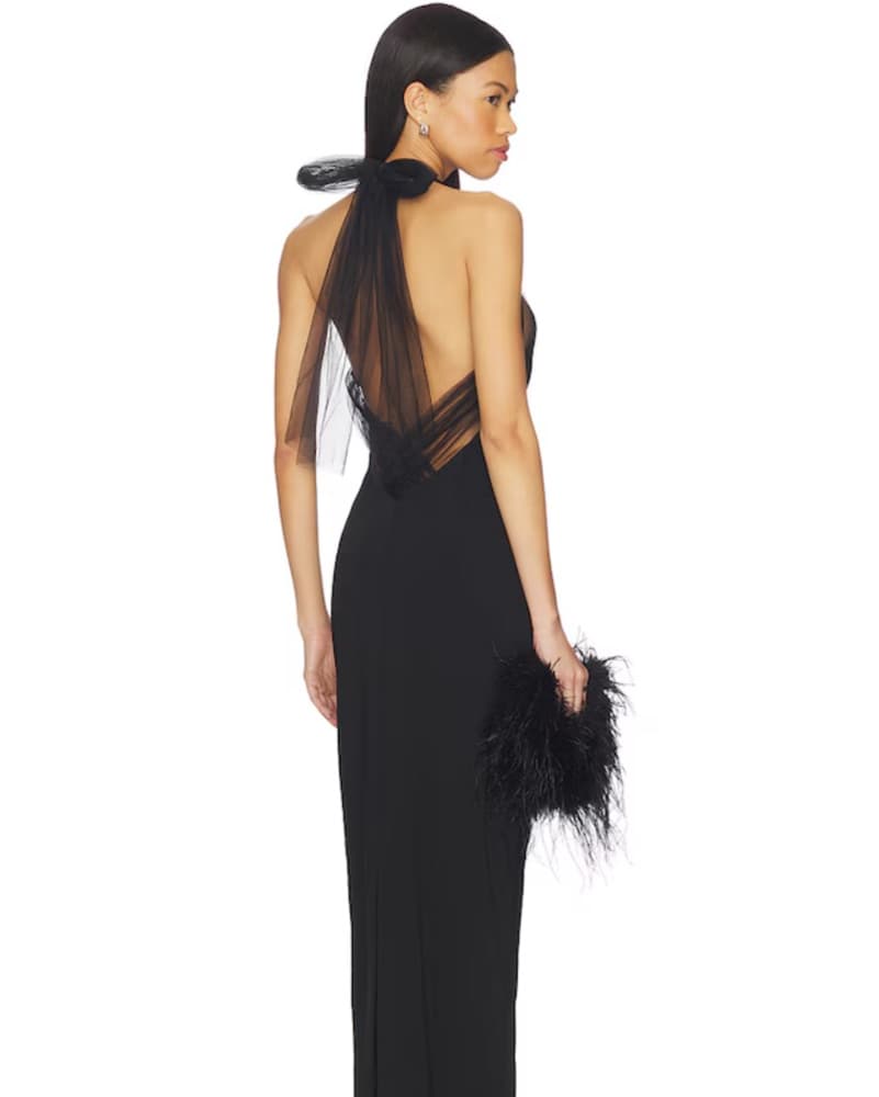 Black Halter Gown with Tulle Bow Accent - Image 3