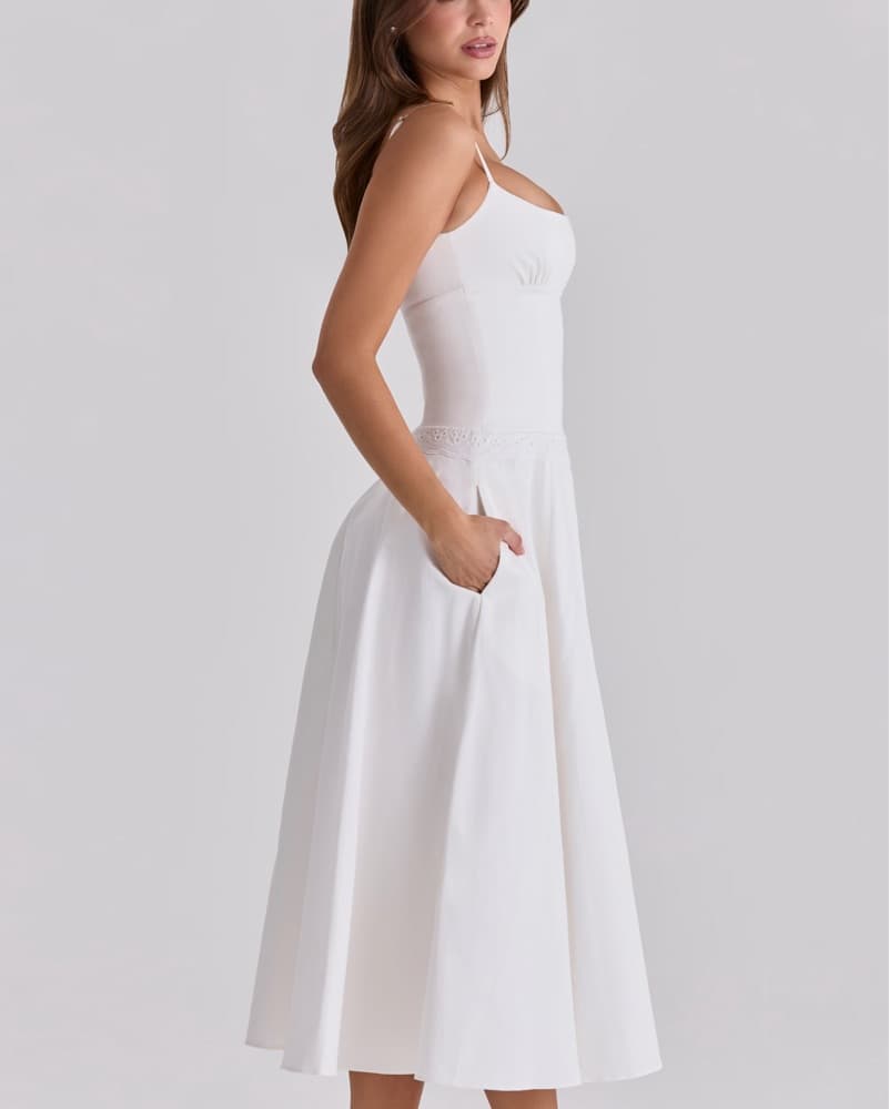 White Cotton Broderie Anglaise Trim Midi - Image 4