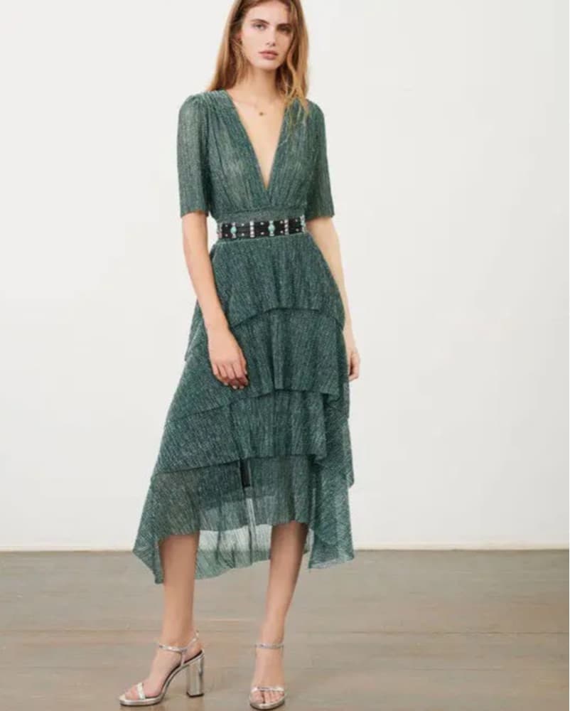 Maje Shimmering Green Ruffled Midi Dress - Image 2
