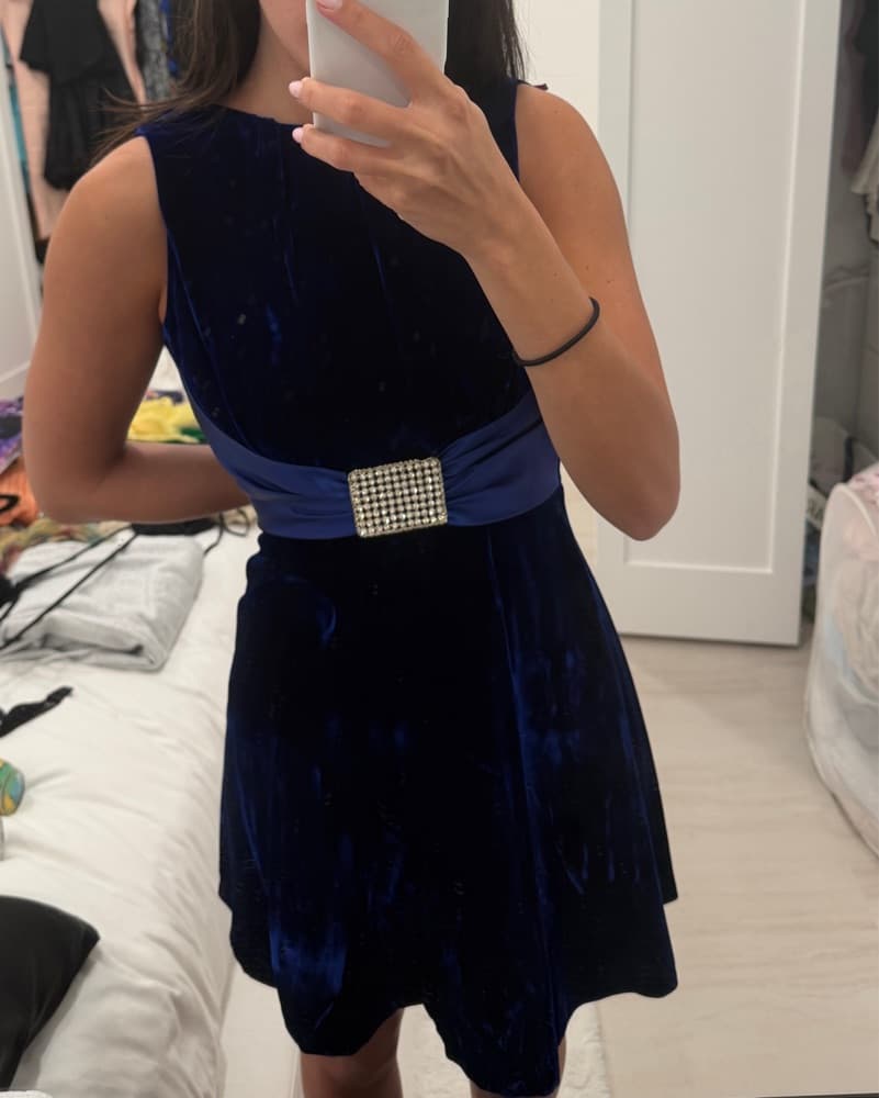 Vintage Velvet Blue Cocktail Mini Dress - Image 2